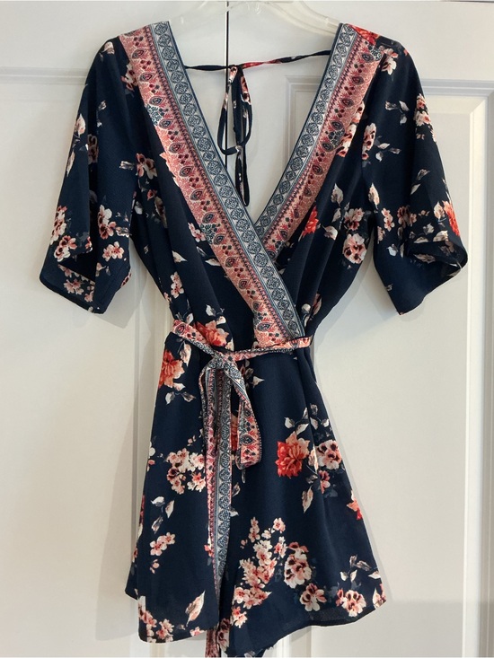 miami Dresses & Skirts - Floral Navy ROMPER with Pink Accent Trim from Francesca’s L NWT